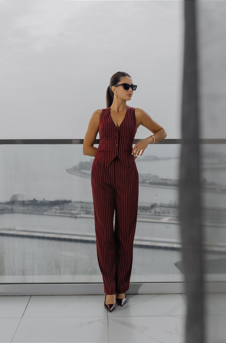 Palazzo trousers, pinstripe on burgundy