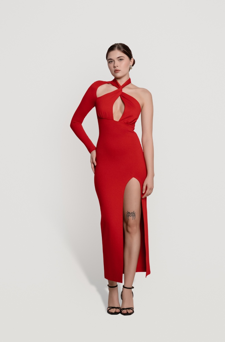 Open-back jersey dress, red