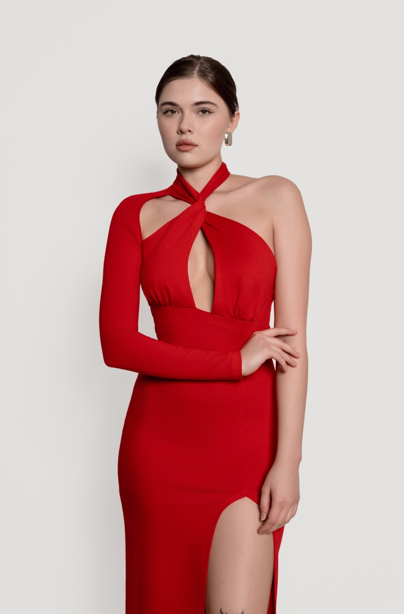 Open-back jersey dress, red