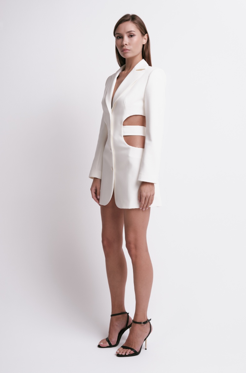 Cut-out waist blazer dress, milk white