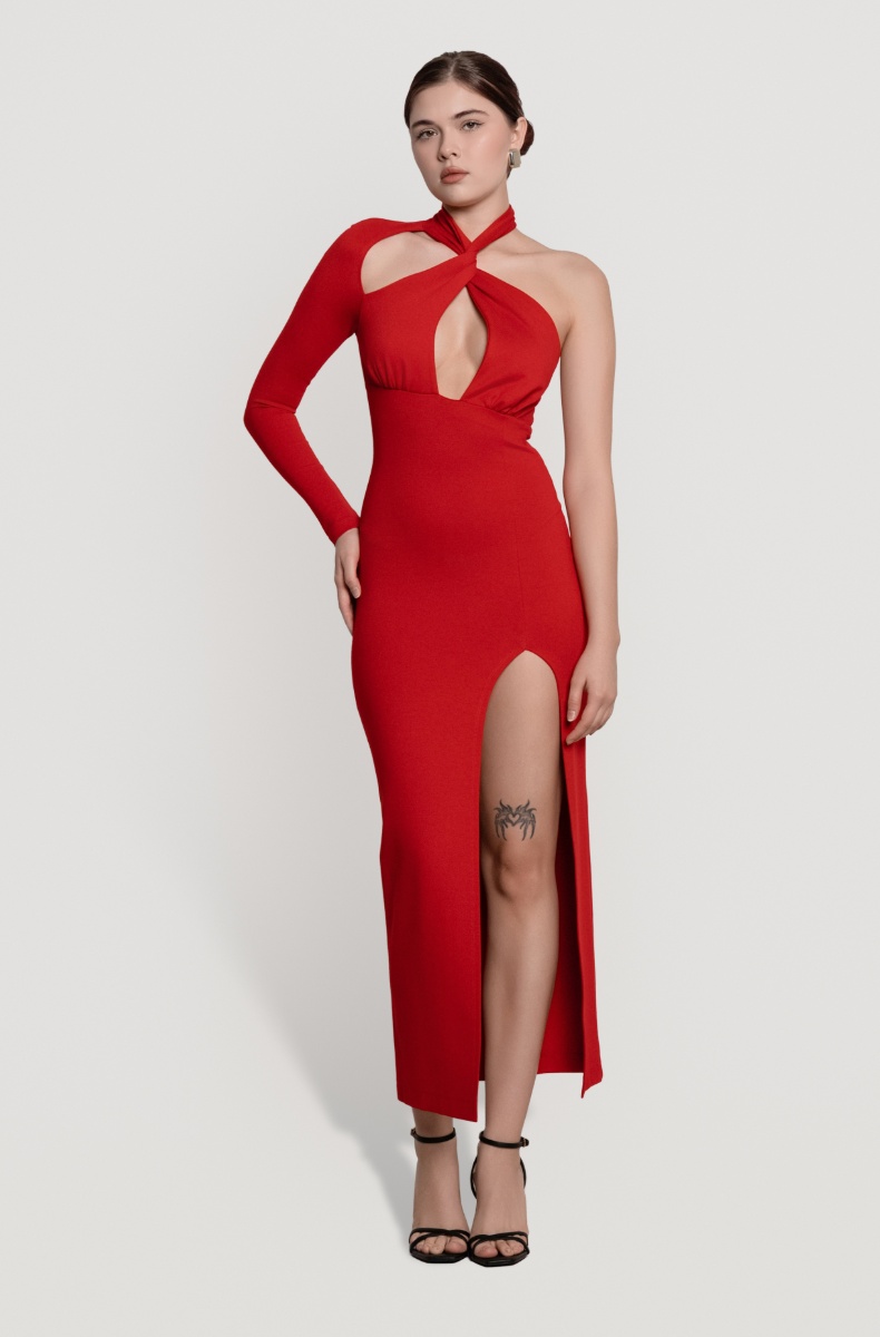 Open-back jersey dress, red