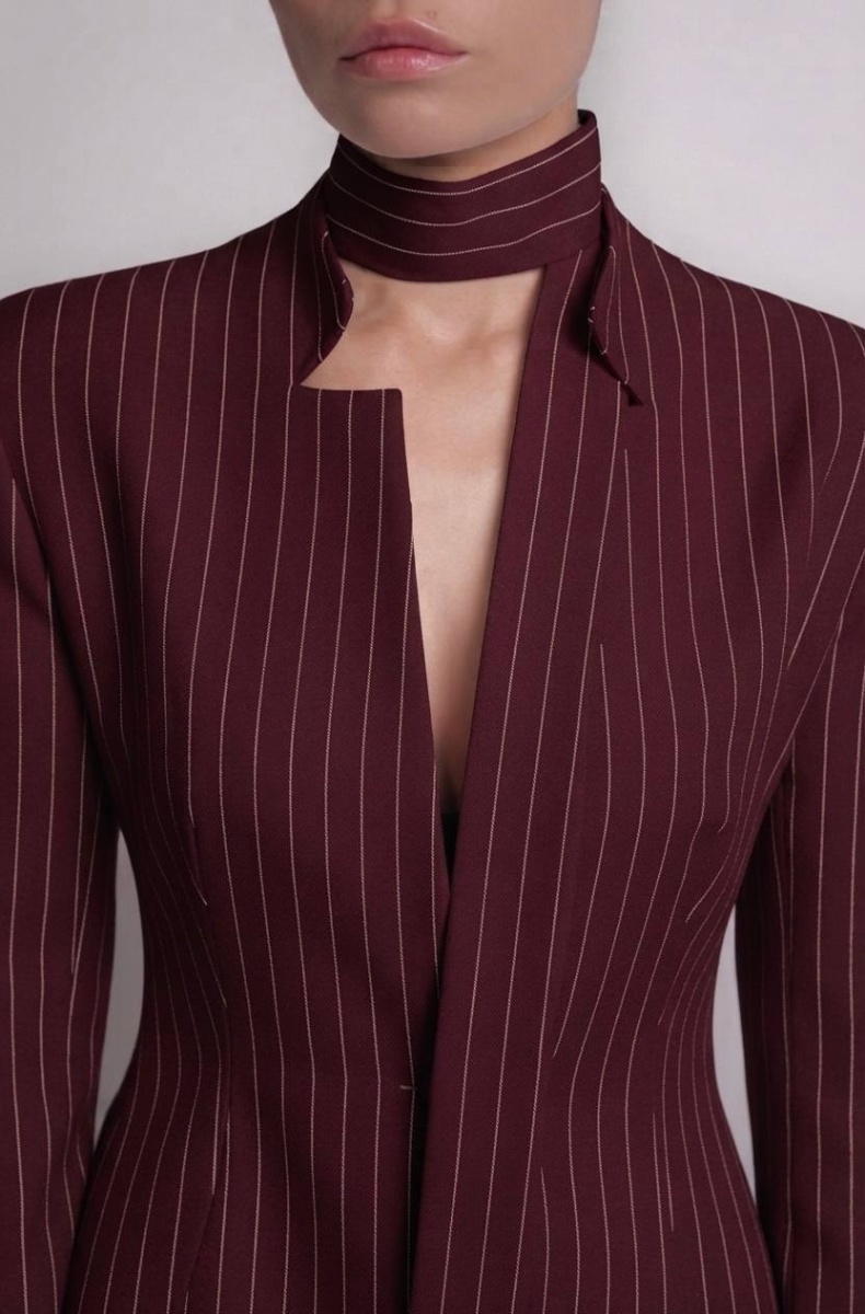 Tailored blazer with a faux tie accent, burgundy pinstripe