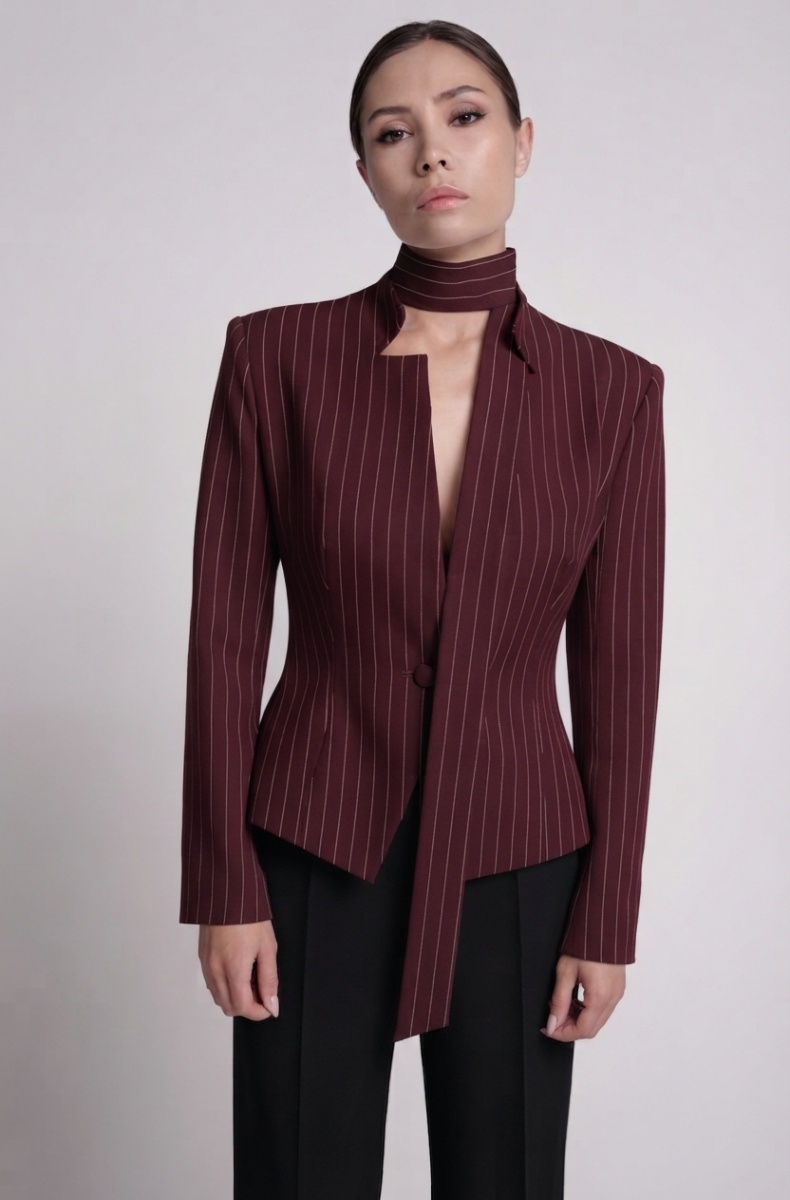 Tailored blazer with a faux tie accent, burgundy pinstripe