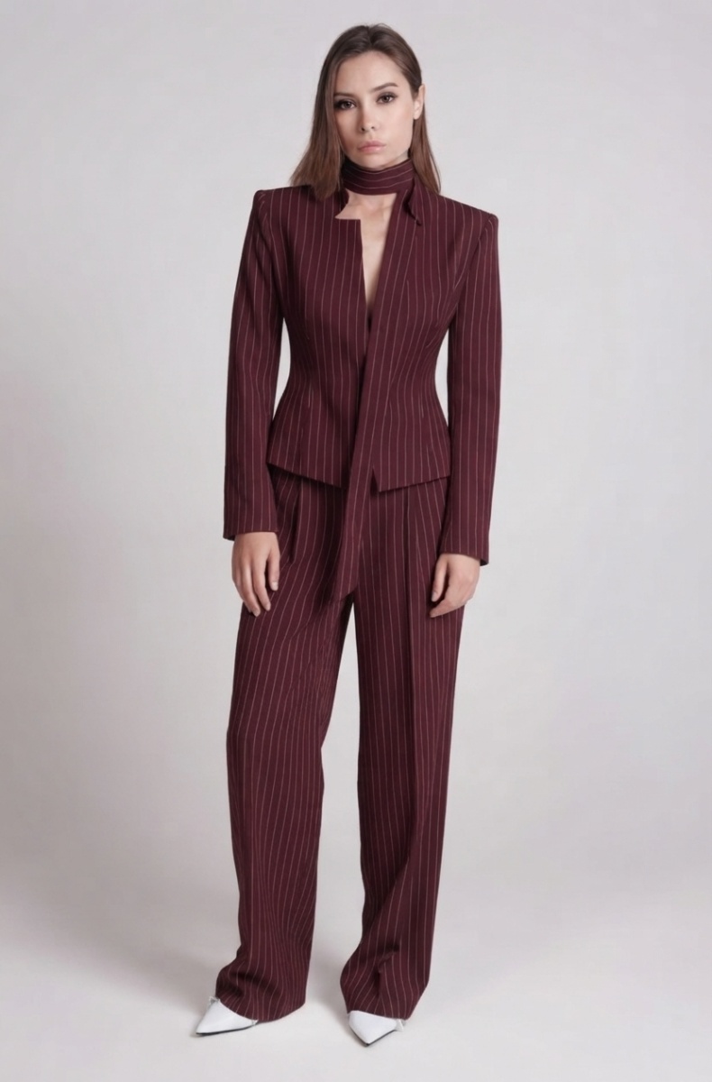 Tailored blazer with a faux tie accent, burgundy pinstripe