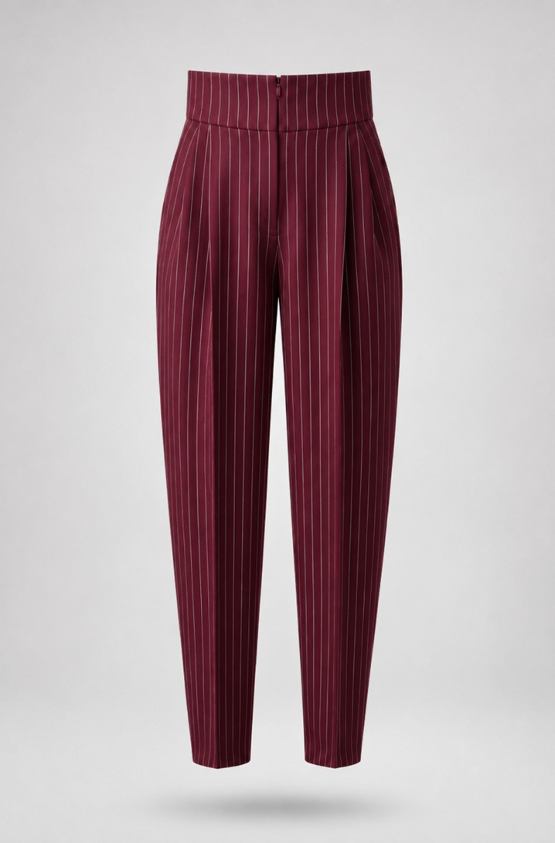 Tailored tapered trousers, burgundy pinstripe