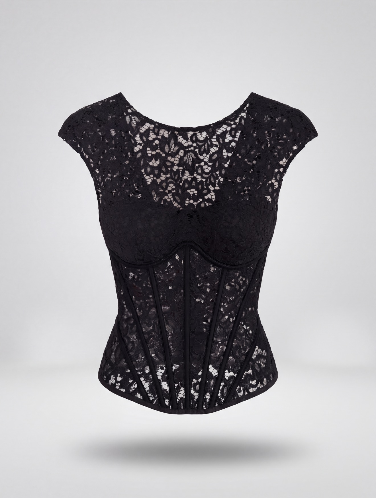 Lace corset top with peplum, black