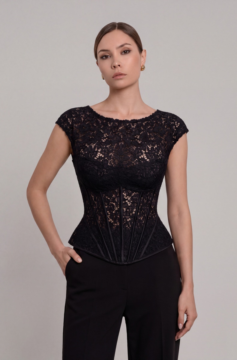 Lace corset top with peplum, black