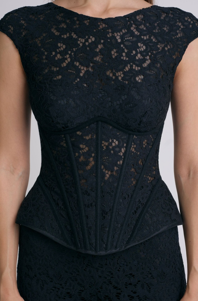Lace corset top with peplum, black