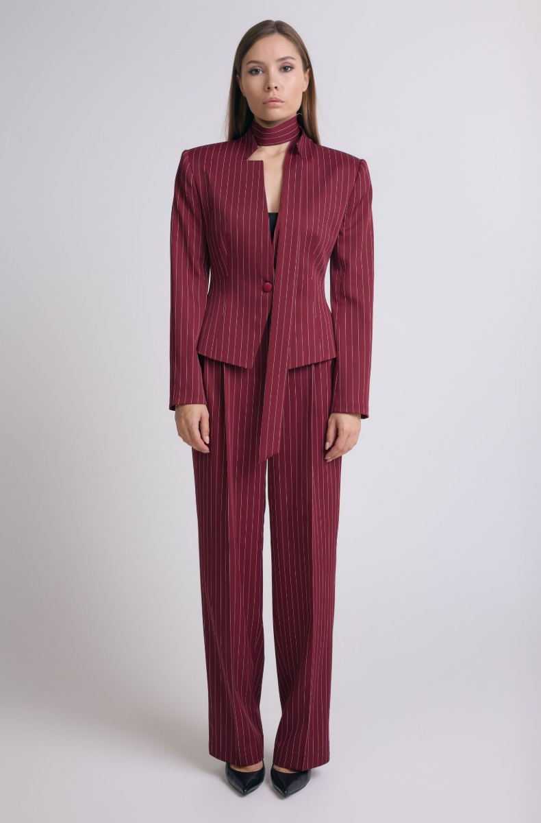 Tailored blazer with a faux tie accent, burgundy pinstripe