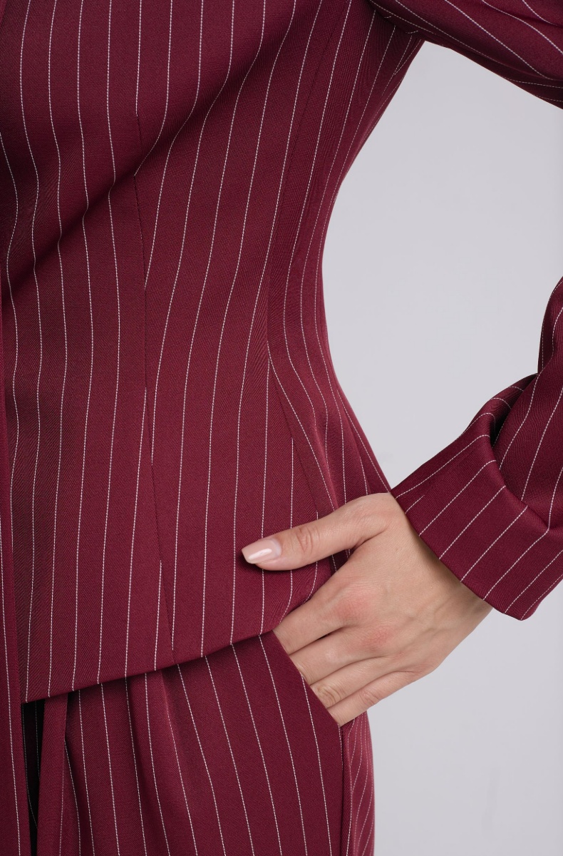 Tailored blazer with a faux tie accent, burgundy pinstripe