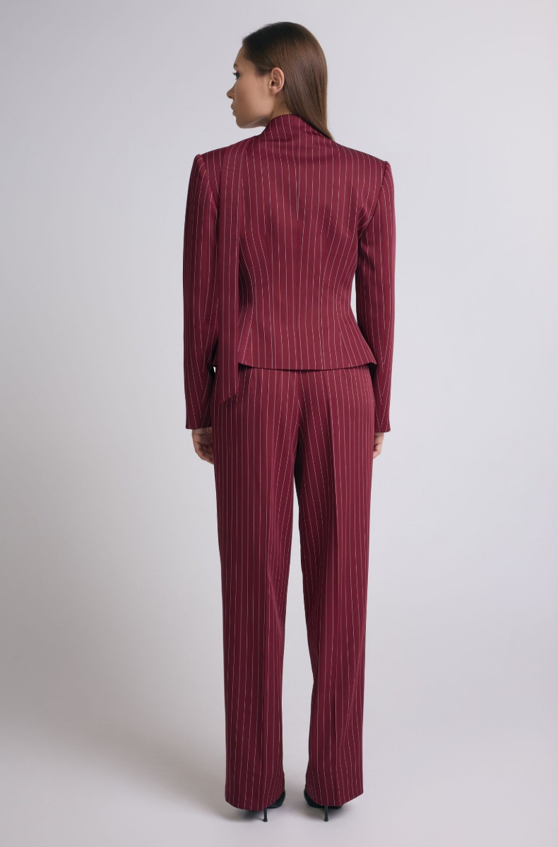 Tailored blazer with a faux tie accent, burgundy pinstripe
