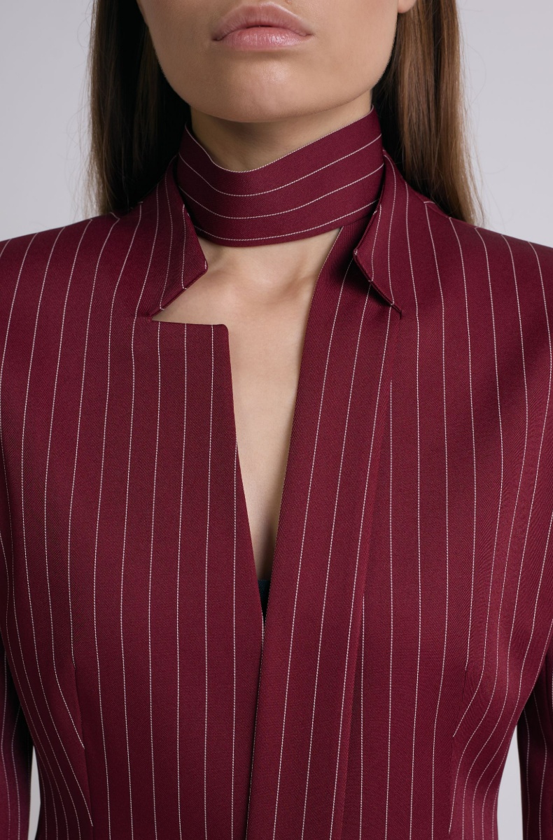 Tailored blazer with a faux tie accent, burgundy pinstripe