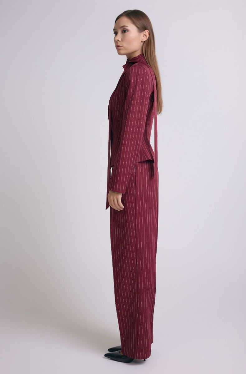 Tailored blazer with a faux tie accent, burgundy pinstripe