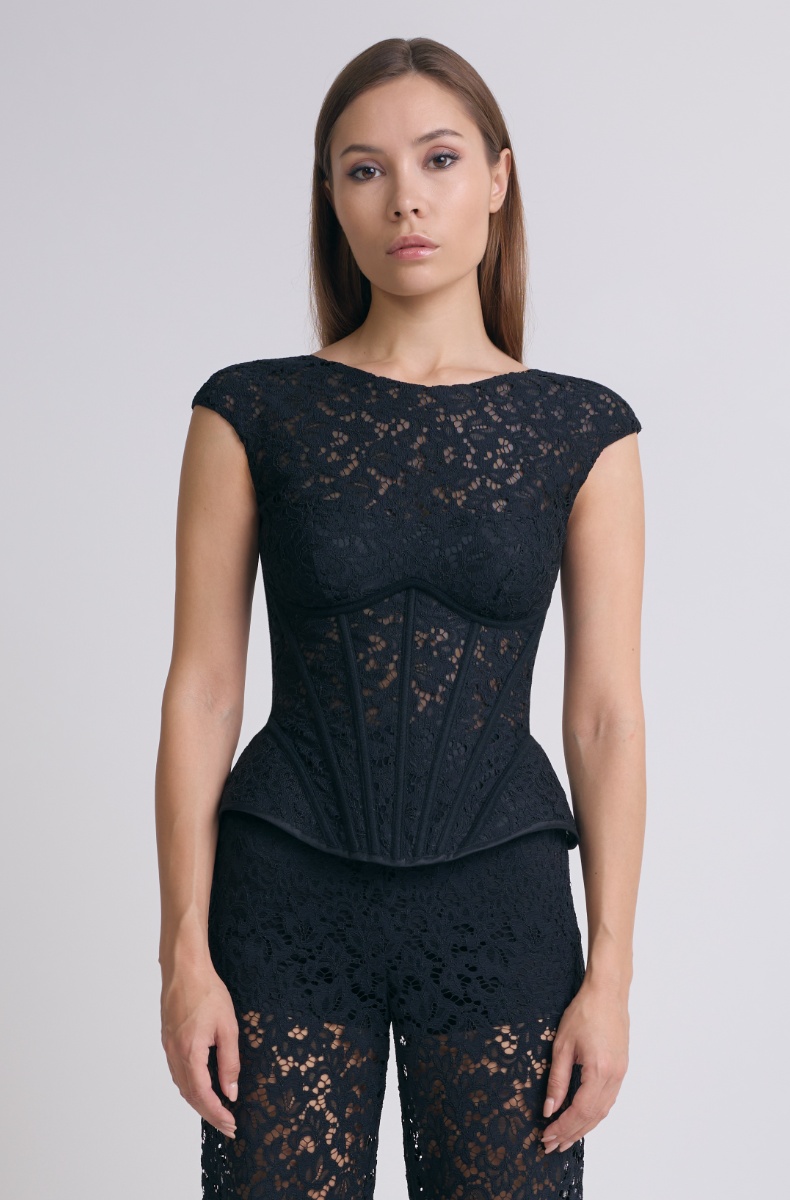 Lace corset top with peplum, black