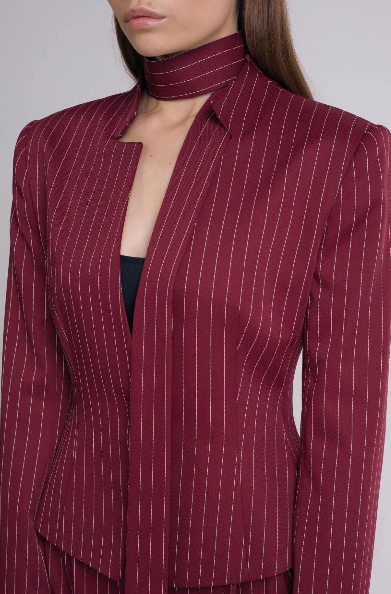 Tailored blazer with a faux tie accent, burgundy pinstripe