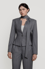 Pinstripe tailored blazer with a faux tie accent, light grey