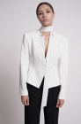Pinstripe tailored blazer with a faux tie accent, white
