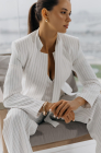 Pinstripe tailored blazer with a faux tie accent, white