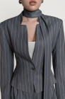 Pinstripe tailored blazer with a faux tie accent, light grey