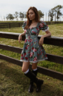 Tie-front dress, peony on green print