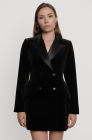 Double-breasted velvet blazer dress with satin lapels, black