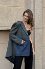 Oversized jacket with blue denim pocket, light grey