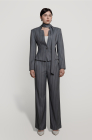 Pinstripe tailored blazer with a faux tie accent, light grey