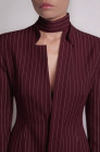 Tailored blazer with a faux tie accent, burgundy pinstripe