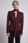 Tailored blazer with a faux tie accent, burgundy pinstripe